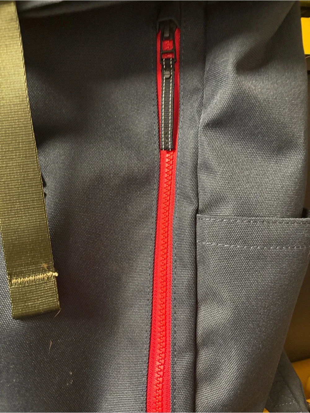 Timbuk2 Navy Roll-Top Backpack with Olive Strap and Red Zipper